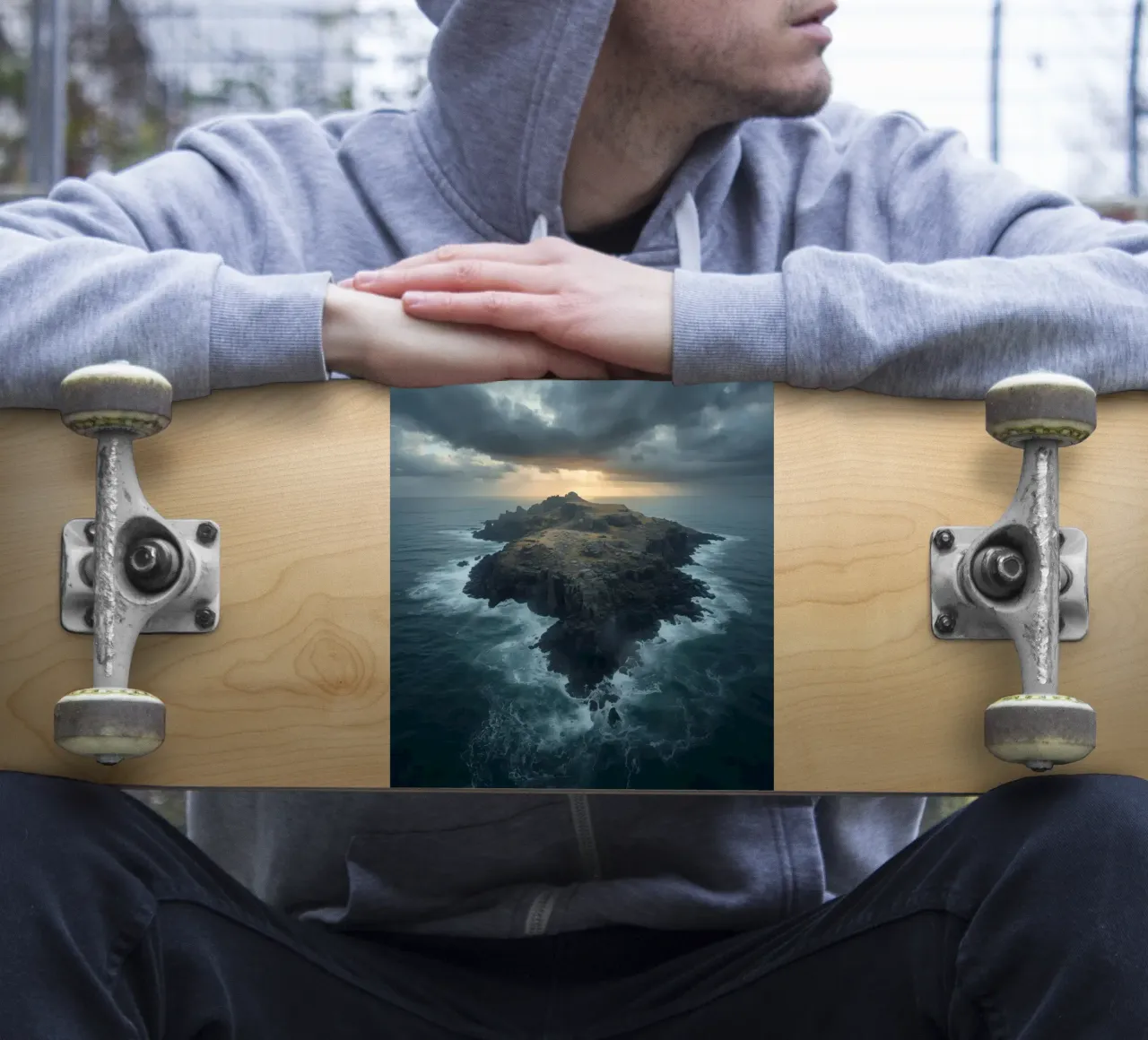 Vue aérienne de l'île Rocky entourée par l'océan avec tempête autocollant de DesignDoodle