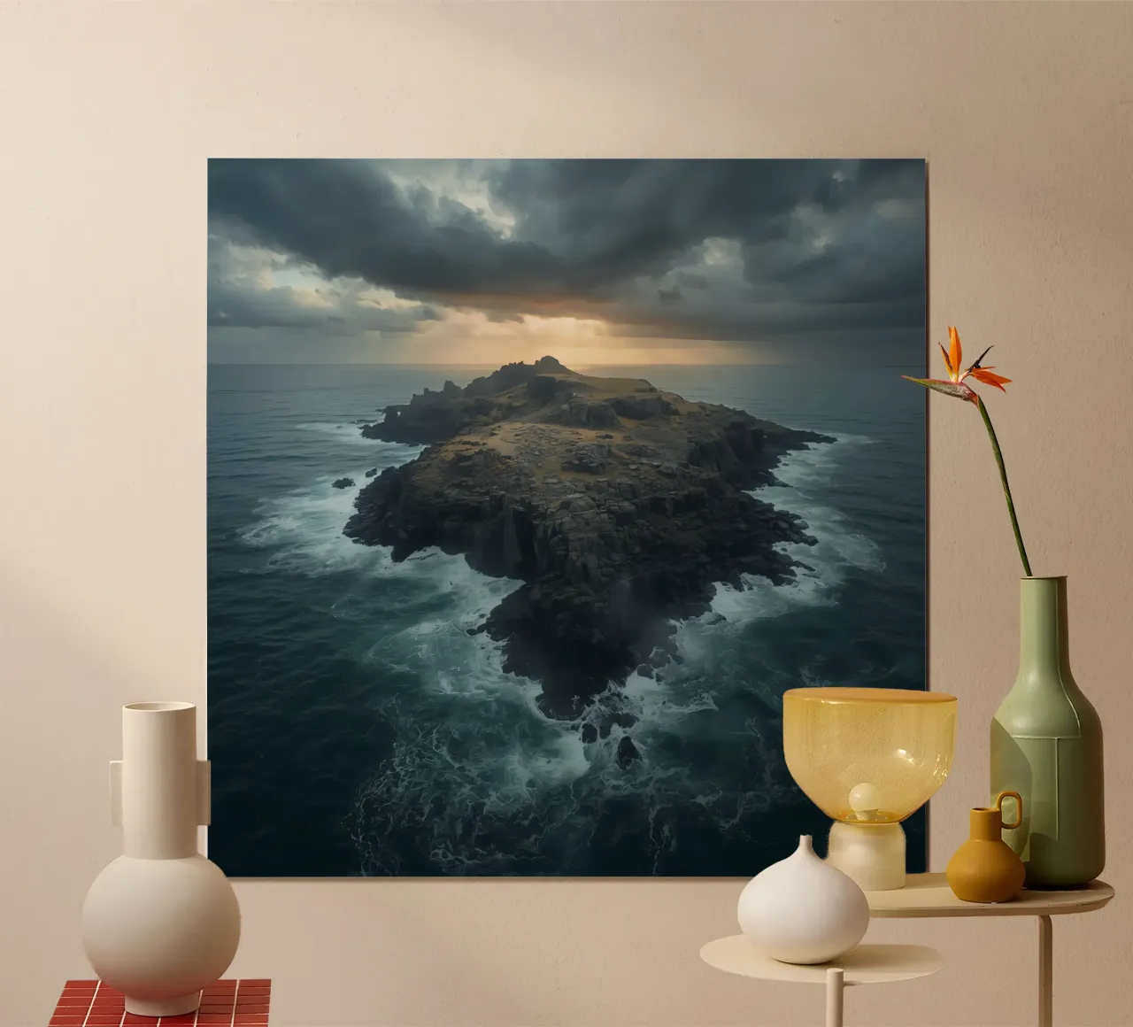 Vue aérienne de l'île Rocky entourée par l'océan avec tempête poster avec cadre en aluminium de DesignDoodle