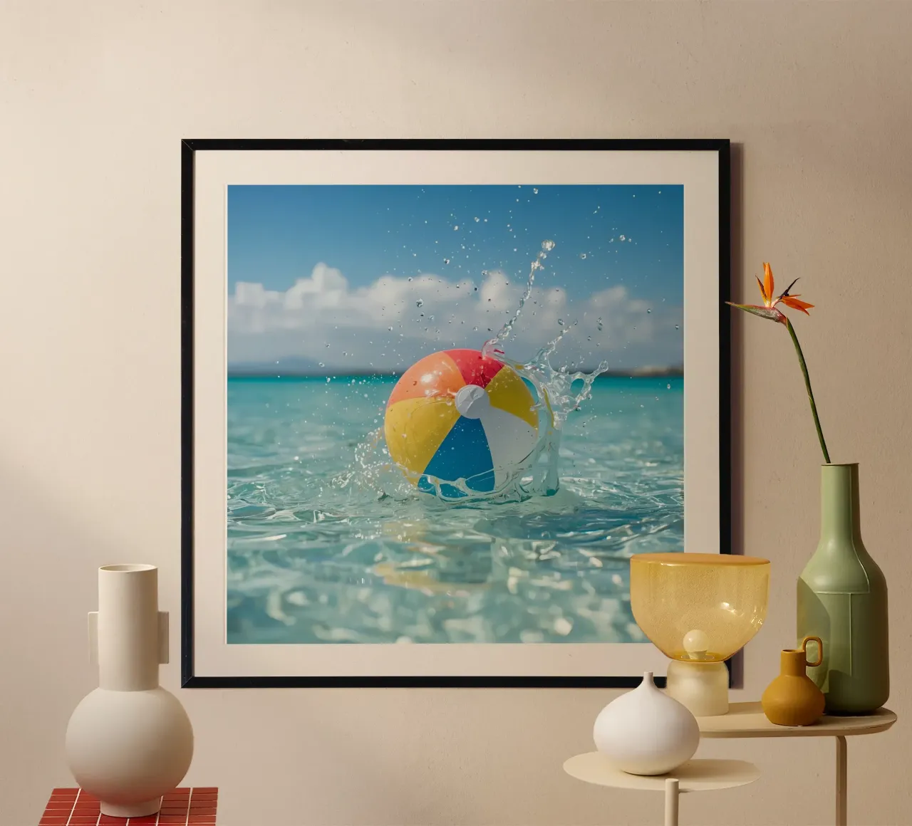 Pallone da spiaggia che sguazza nell'acqua poster con telaio in legno da DesignDoodle