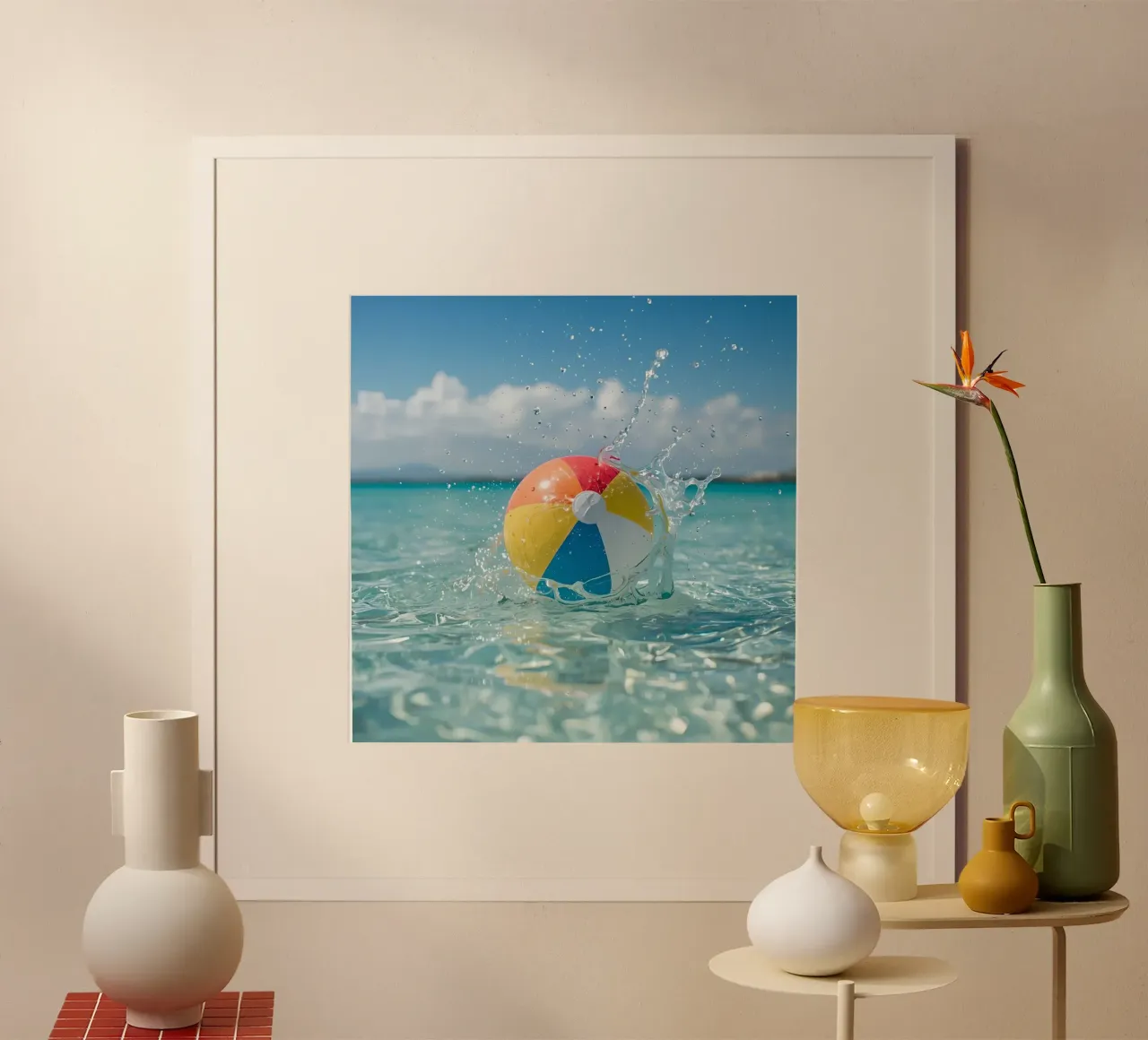 Pallone da spiaggia che sguazza nell'acqua poster con telaio in legno da DesignDoodle