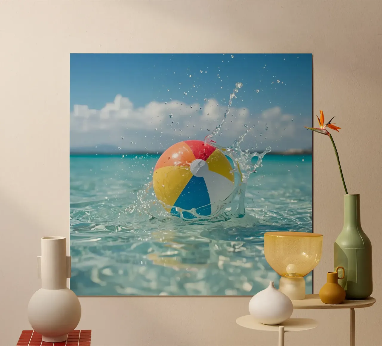 Pallone da spiaggia che sguazza nell'acqua poster con telaio in legno da DesignDoodle