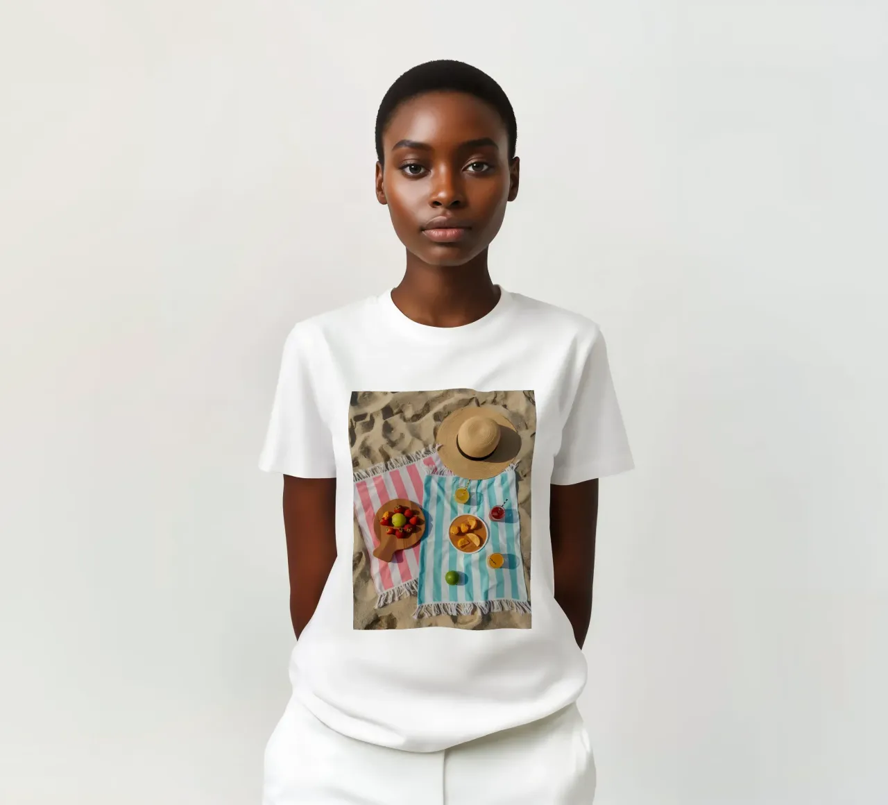 Scena di spiaggia con asciugamani, bevande alla frutta e cappello di paglia t-shirt da DesignDoodle