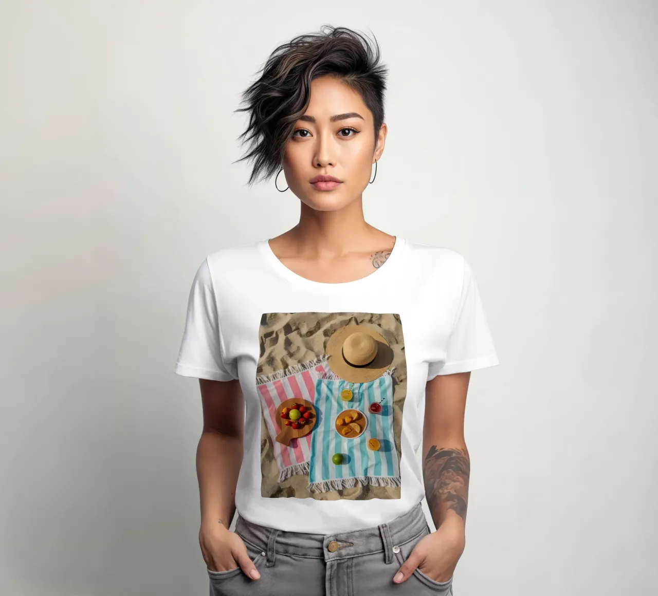 Scena di spiaggia con asciugamani, bevande alla frutta e cappello di paglia t-shirt da donna da DesignDoodle