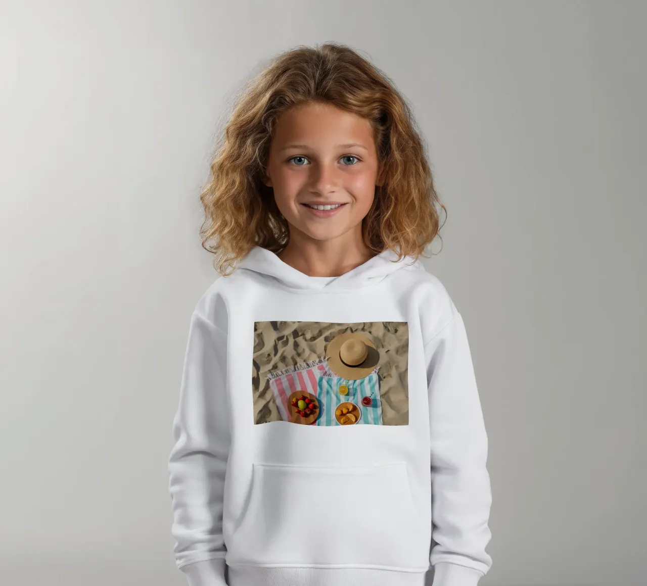 Scena di spiaggia con asciugamani, bevande alla frutta e cappello di paglia felpa bambino con cappuccio da DesignDoodle