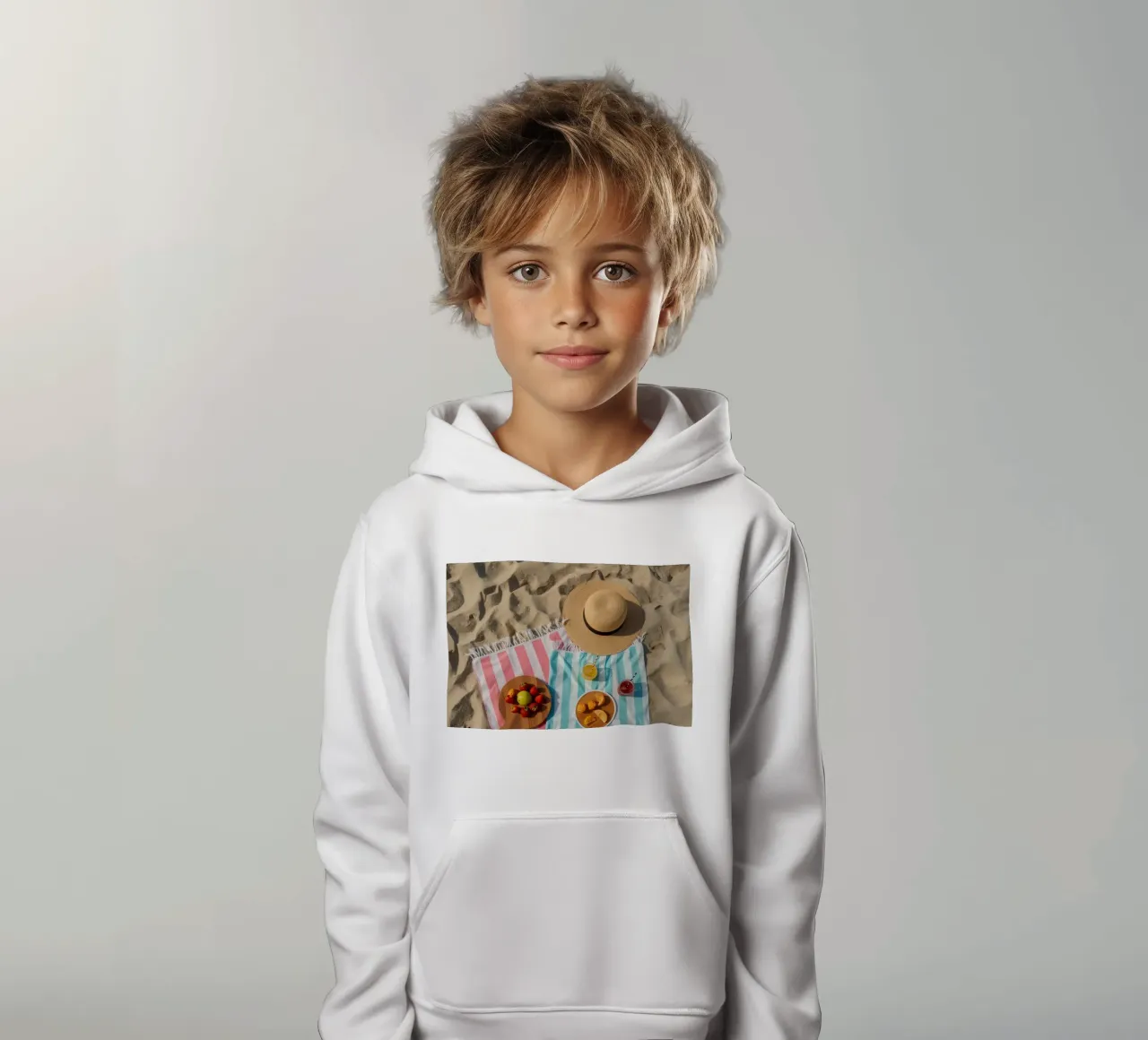 Scena di spiaggia con asciugamani, bevande alla frutta e cappello di paglia felpa bambino con cappuccio da DesignDoodle
