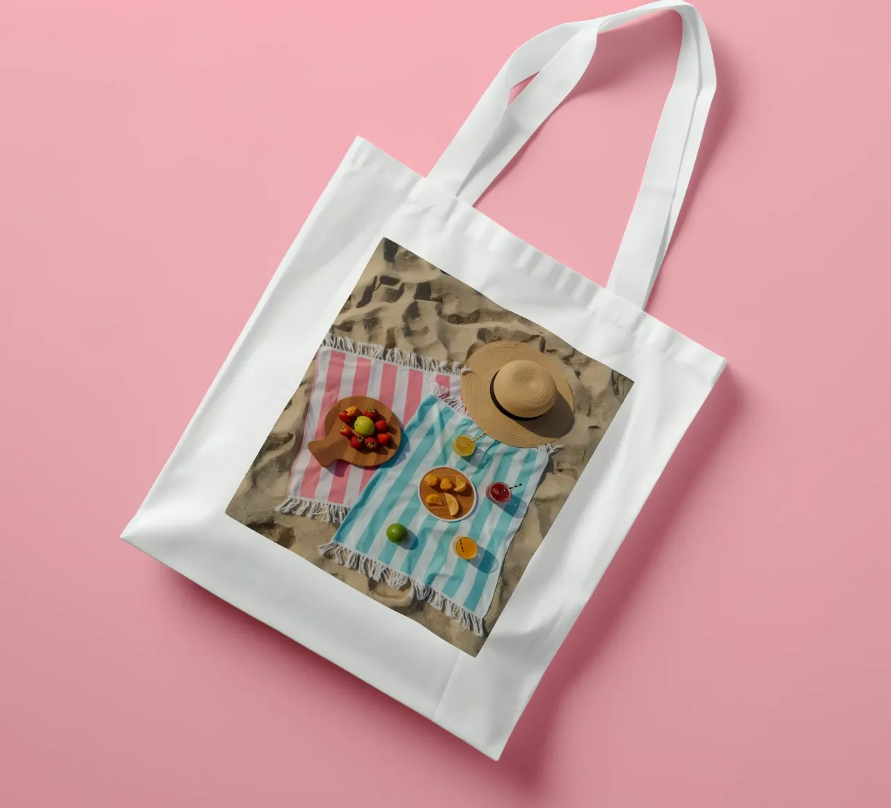 Scena di spiaggia con asciugamani, bevande alla frutta e cappello di paglia borsa in juta da DesignDoodle