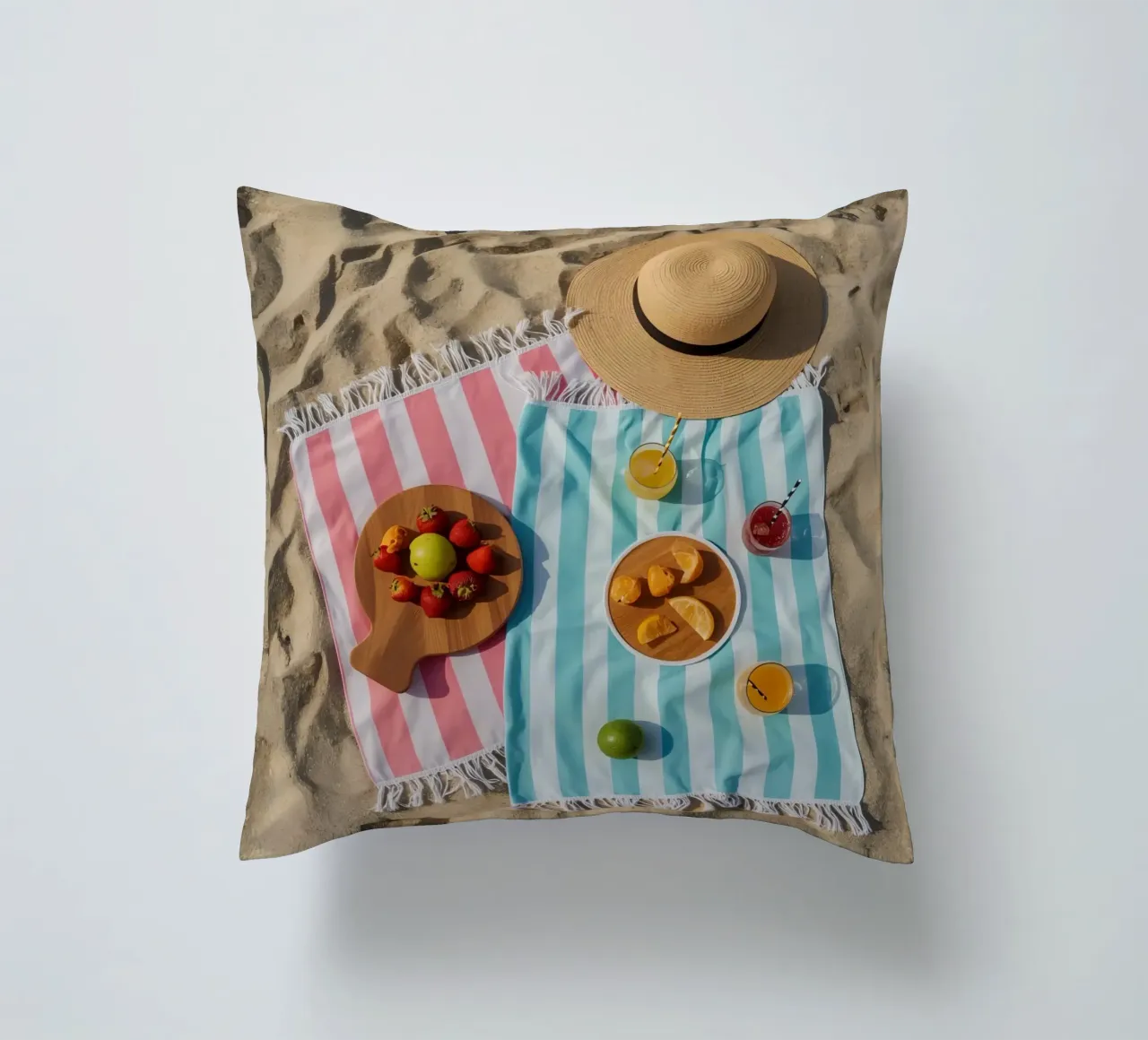 Scena di spiaggia con asciugamani, bevande alla frutta e cappello di paglia cuscino da DesignDoodle