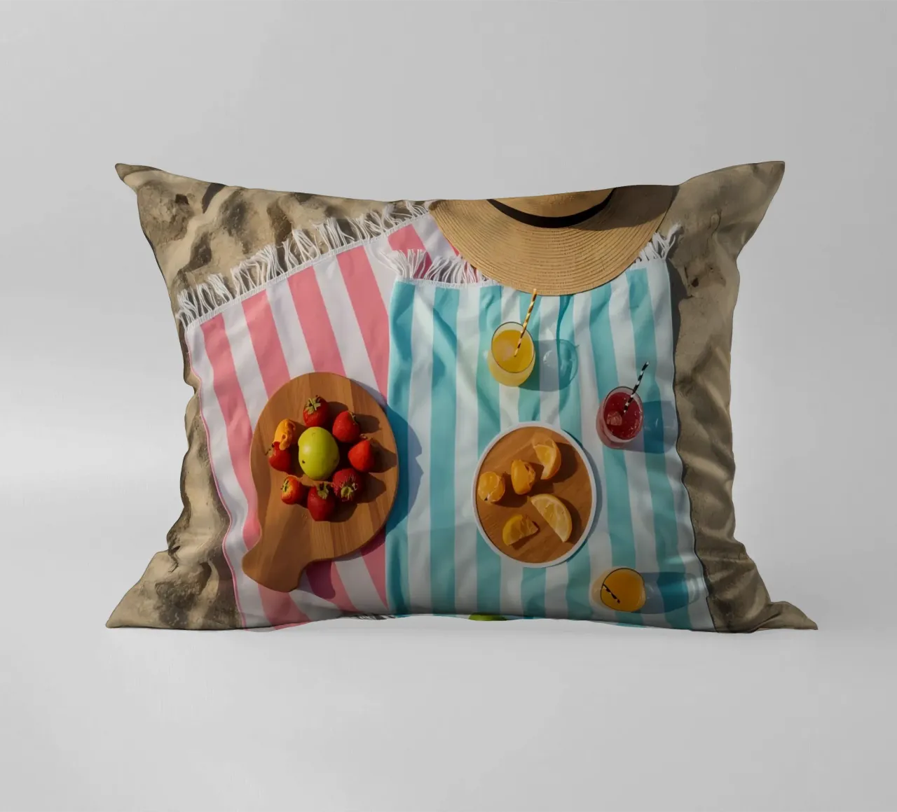 Scena di spiaggia con asciugamani, bevande alla frutta e cappello di paglia cuscino da DesignDoodle