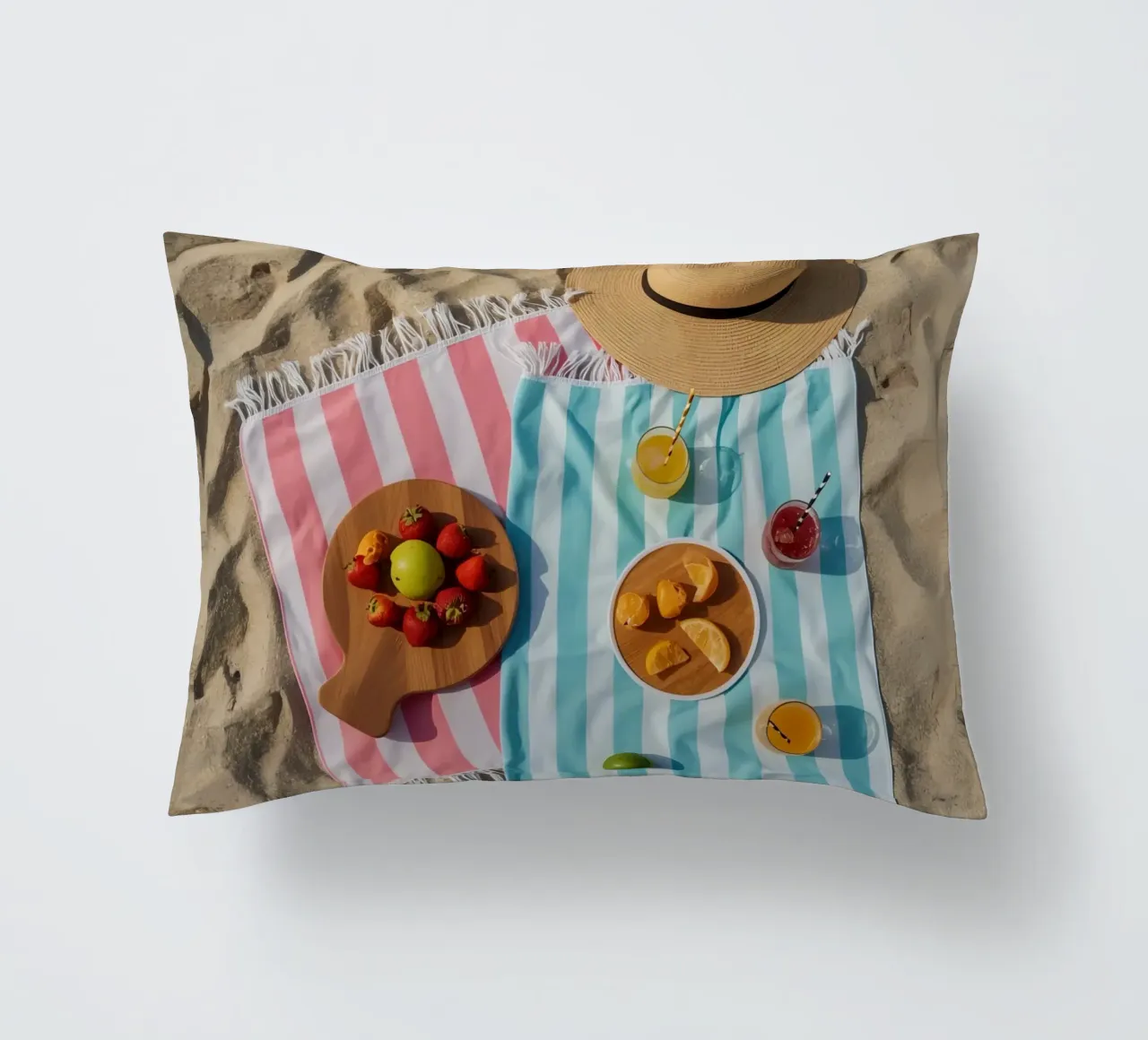 Scena di spiaggia con asciugamani, bevande alla frutta e cappello di paglia cuscino da DesignDoodle