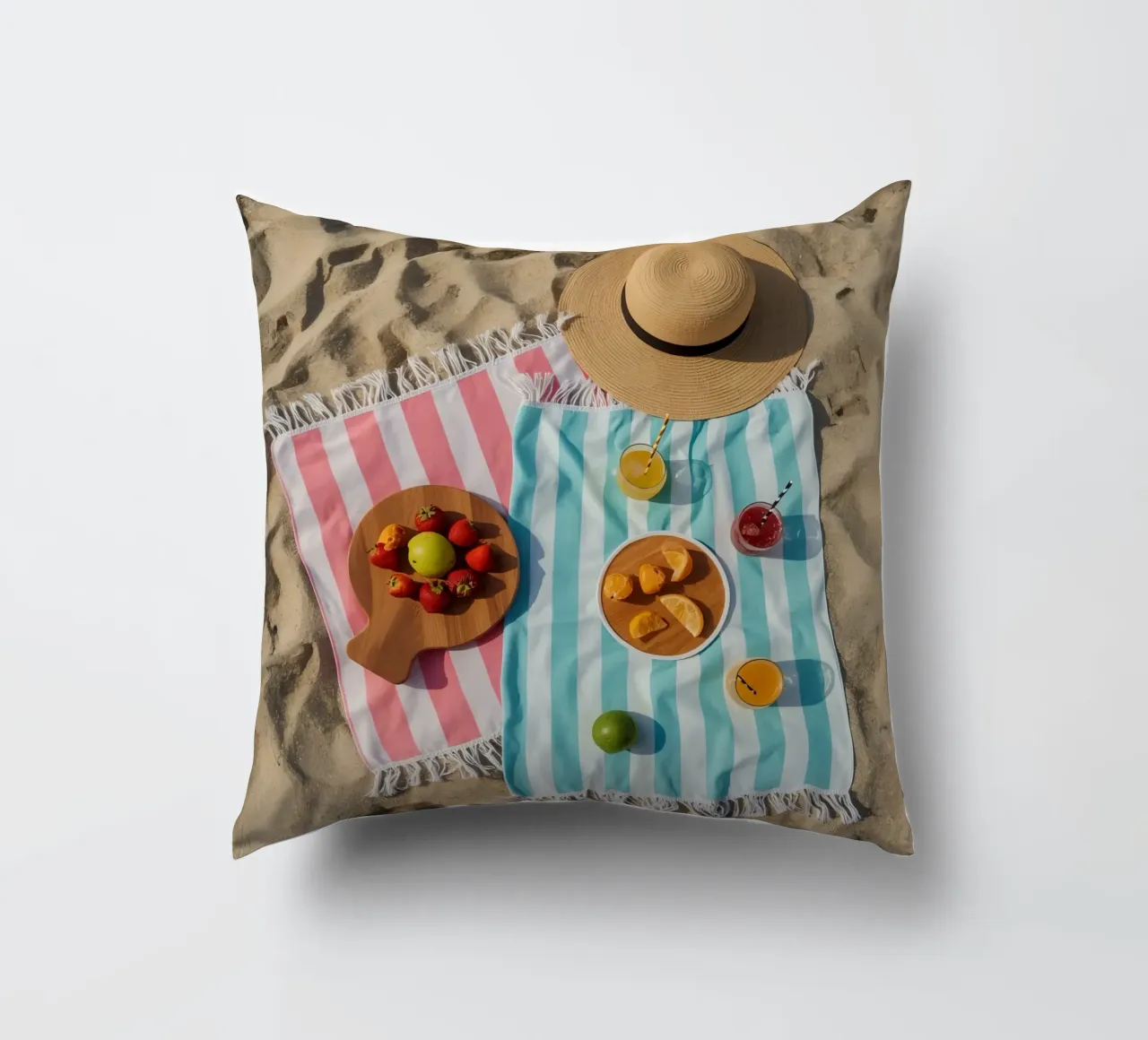 Scena di spiaggia con asciugamani, bevande alla frutta e cappello di paglia cuscino da DesignDoodle