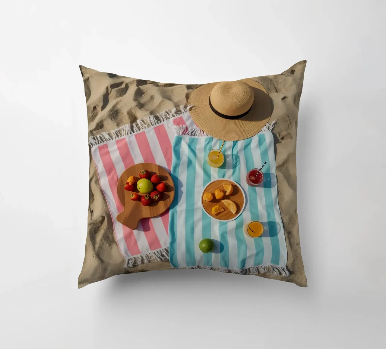 Scena di spiaggia con asciugamani, bevande alla frutta e cappello di paglia cuscino da DesignDoodle