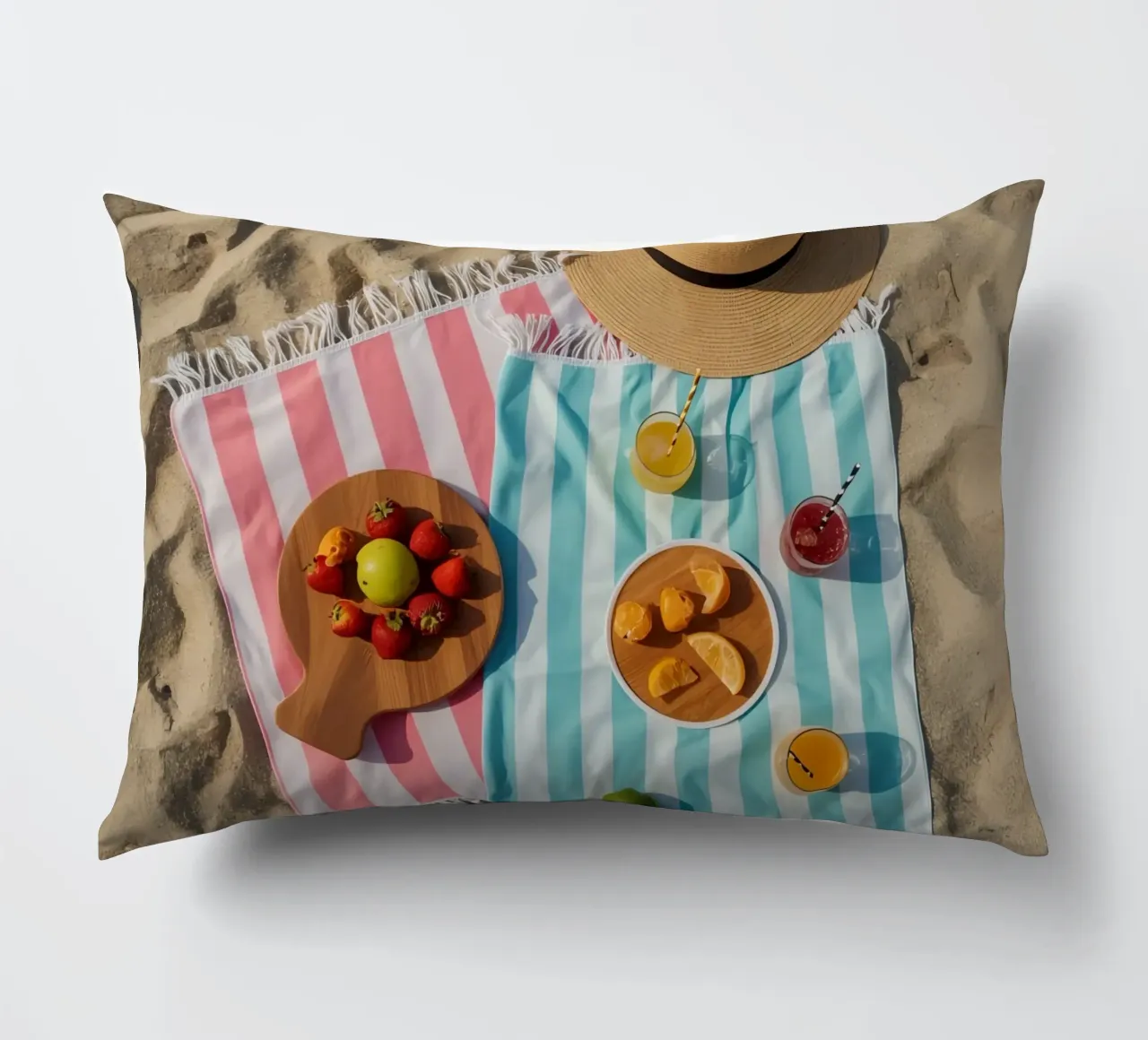 Scena di spiaggia con asciugamani, bevande alla frutta e cappello di paglia cuscino da DesignDoodle