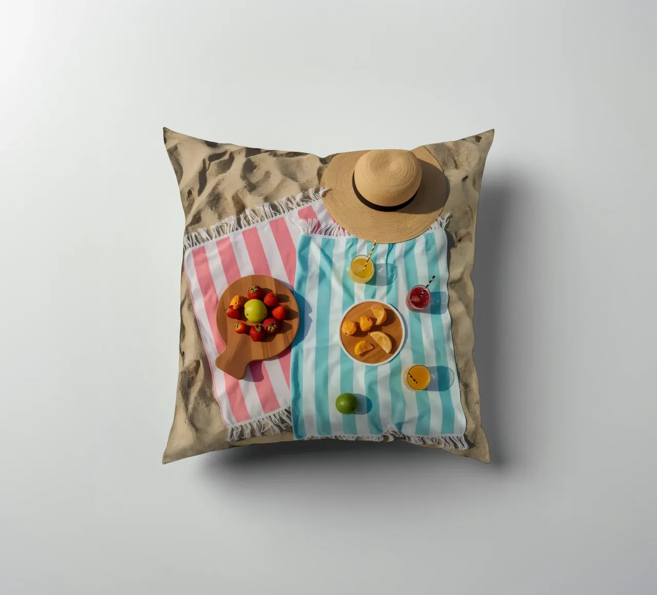 Scena di spiaggia con asciugamani, bevande alla frutta e cappello di paglia cuscino da DesignDoodle