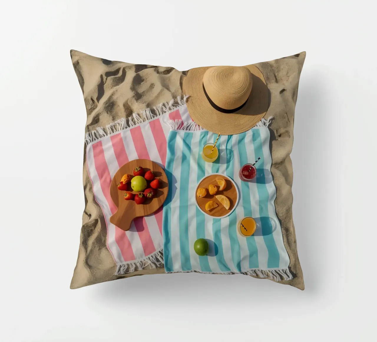 Scena di spiaggia con asciugamani, bevande alla frutta e cappello di paglia cuscino da DesignDoodle