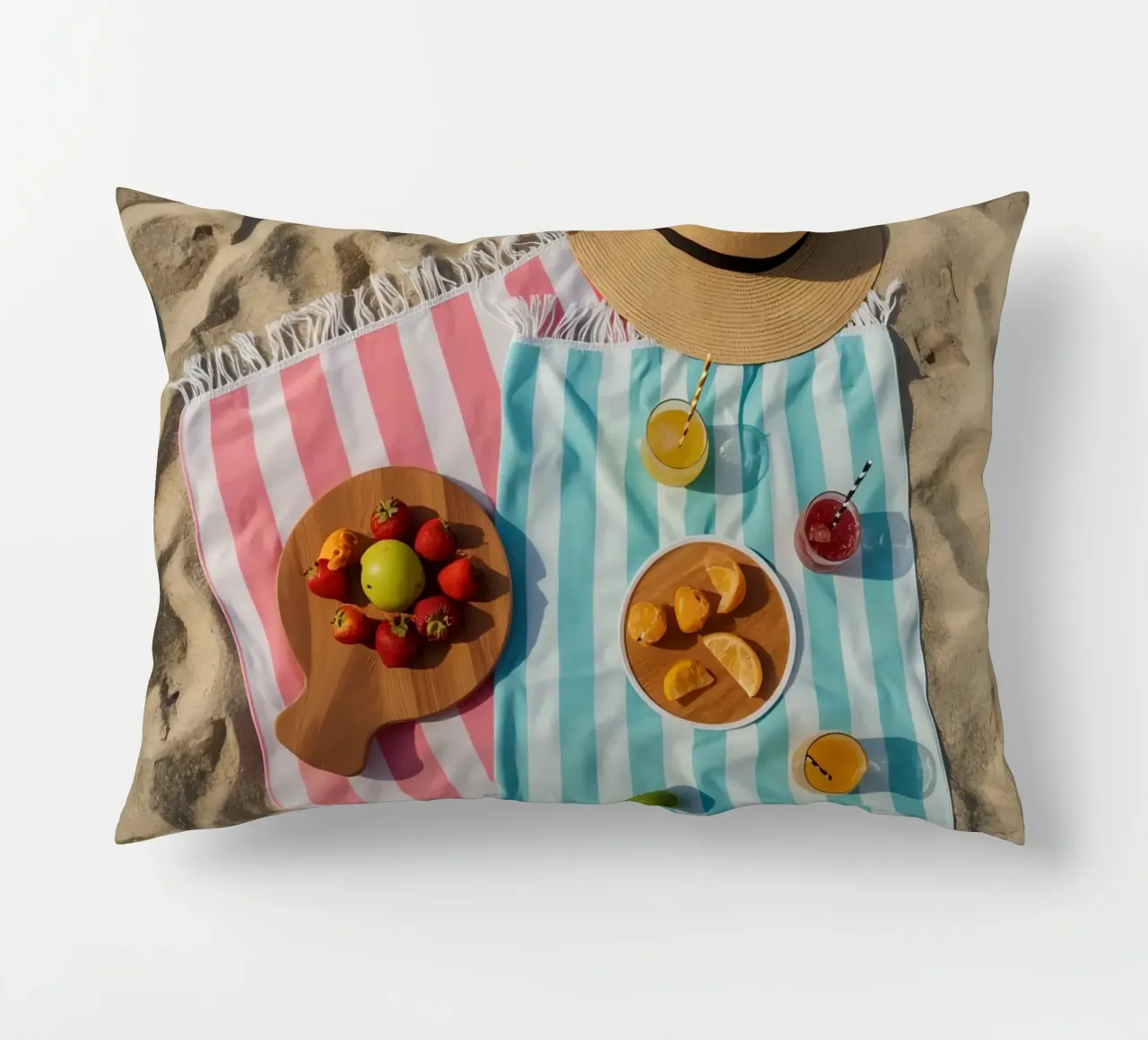 Scena di spiaggia con asciugamani, bevande alla frutta e cappello di paglia cuscino da DesignDoodle