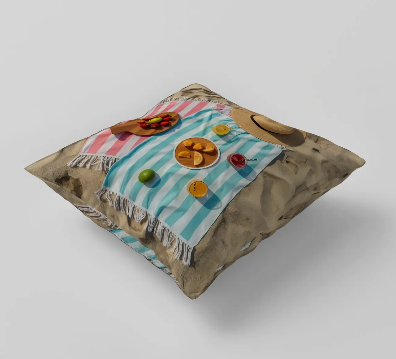 Scena di spiaggia con asciugamani, bevande alla frutta e cappello di paglia cuscino da DesignDoodle