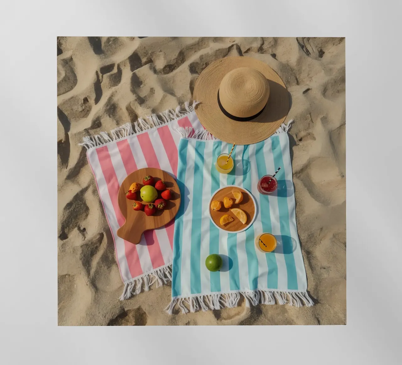 Scena di spiaggia con asciugamani, bevande alla frutta e cappello di paglia pellicola backlit da DesignDoodle