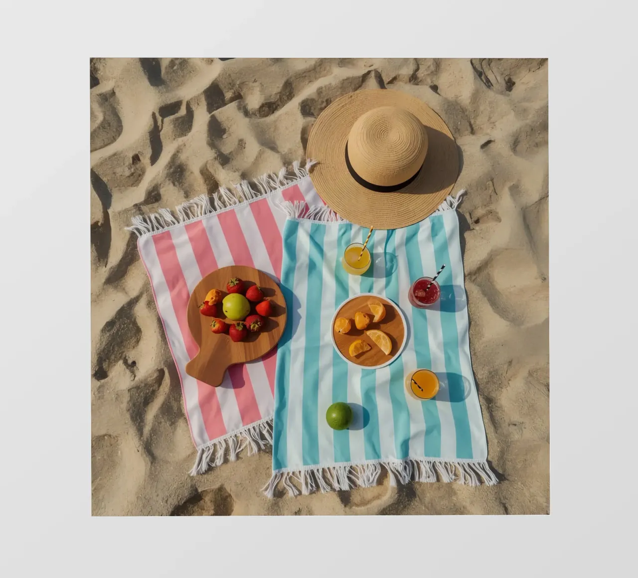 Scena di spiaggia con asciugamani, bevande alla frutta e cappello di paglia telo in pvc da DesignDoodle