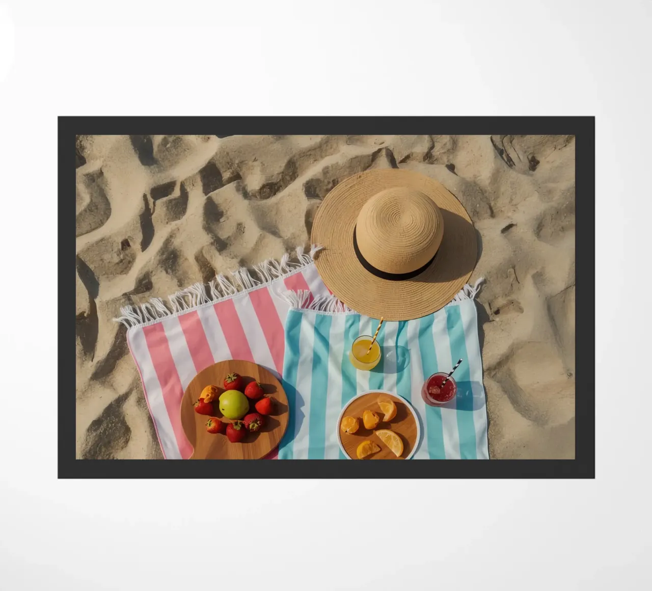 Scena di spiaggia con asciugamani, bevande alla frutta e cappello di paglia zerbino da DesignDoodle