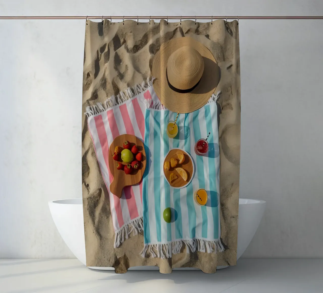 Scena di spiaggia con asciugamani, bevande alla frutta e cappello di paglia tenda da doccia da DesignDoodle