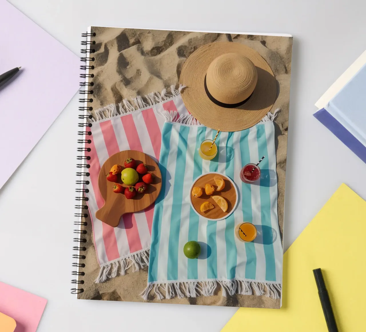 Scena di spiaggia con asciugamani, bevande alla frutta e cappello di paglia diario ad anelli da DesignDoodle