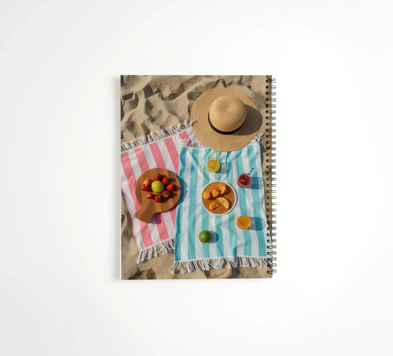 Scena di spiaggia con asciugamani, bevande alla frutta e cappello di paglia diario ad anelli da DesignDoodle