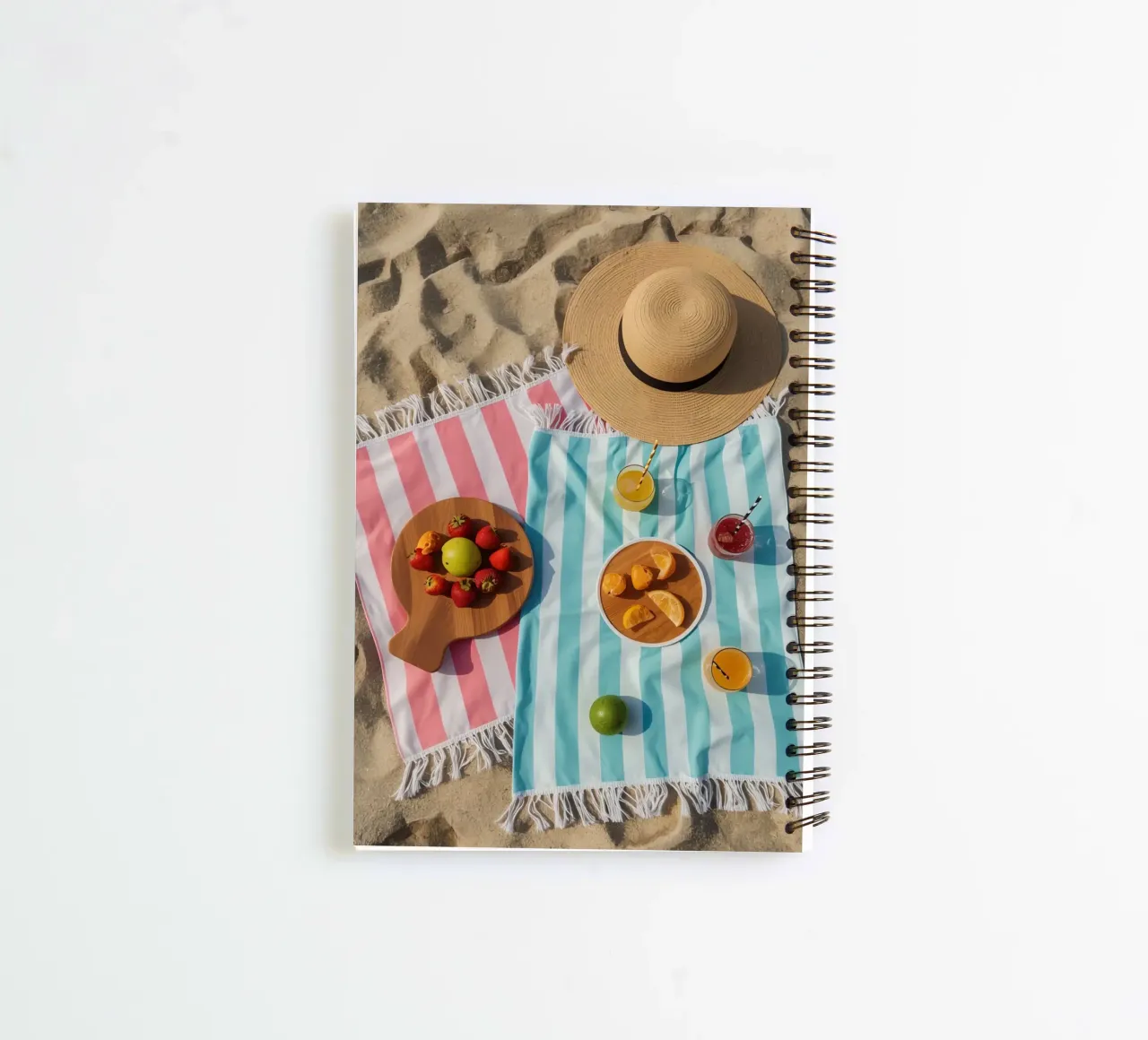 Scena di spiaggia con asciugamani, bevande alla frutta e cappello di paglia diario ad anelli da DesignDoodle