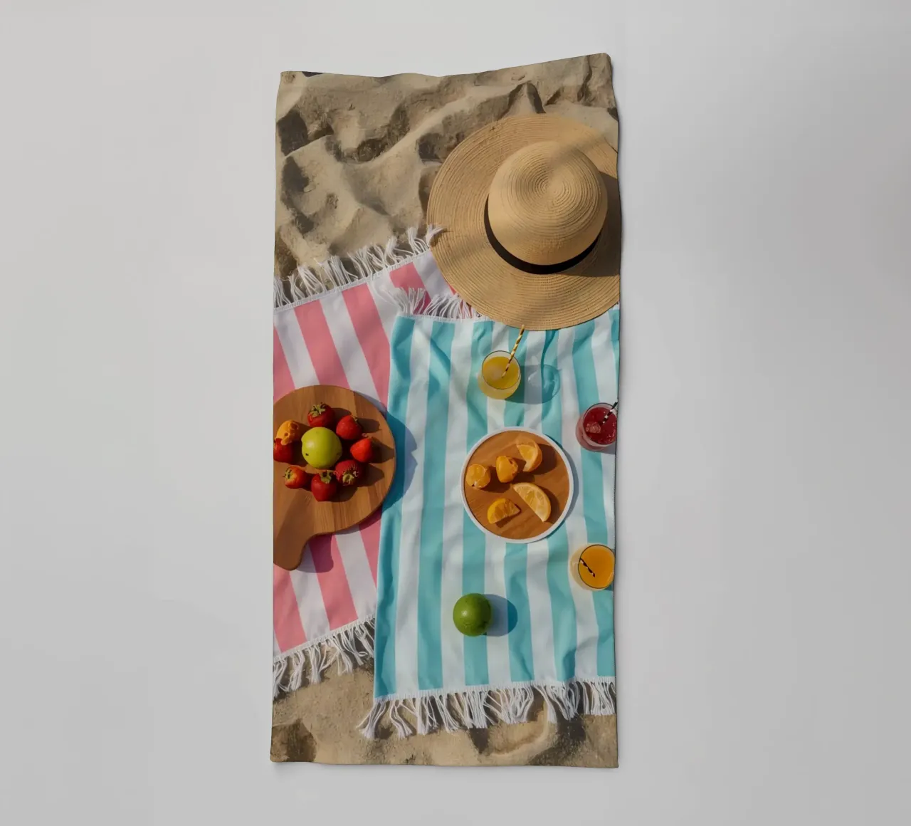 Scena di spiaggia con asciugamani, bevande alla frutta e cappello di paglia asciugamano da bagno da DesignDoodle