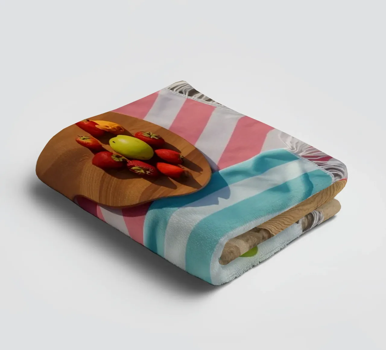 Scena di spiaggia con asciugamani, bevande alla frutta e cappello di paglia asciugamano da bagno da DesignDoodle
