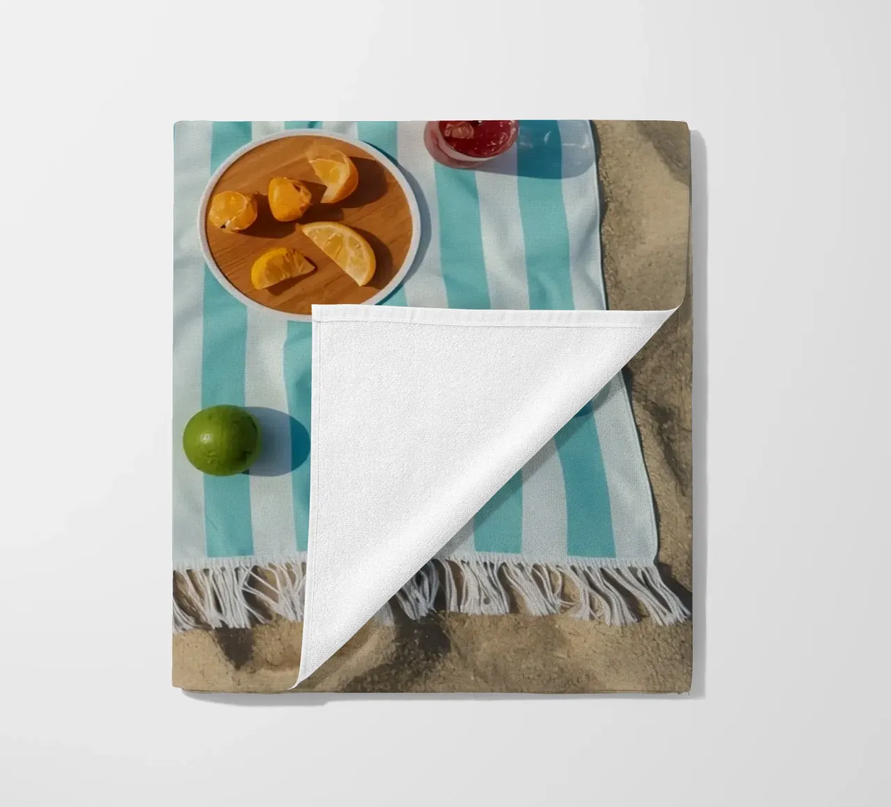 Scena di spiaggia con asciugamani, bevande alla frutta e cappello di paglia telo mare da DesignDoodle
