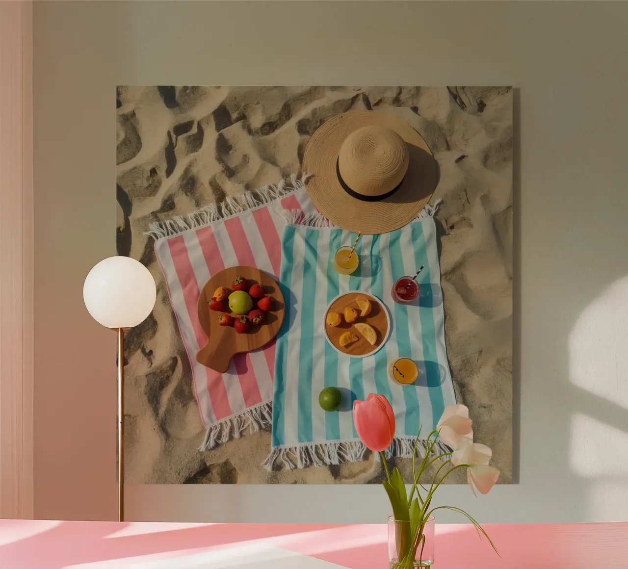 Scena di spiaggia con asciugamani, bevande alla frutta e cappello di paglia plexiglass da DesignDoodle