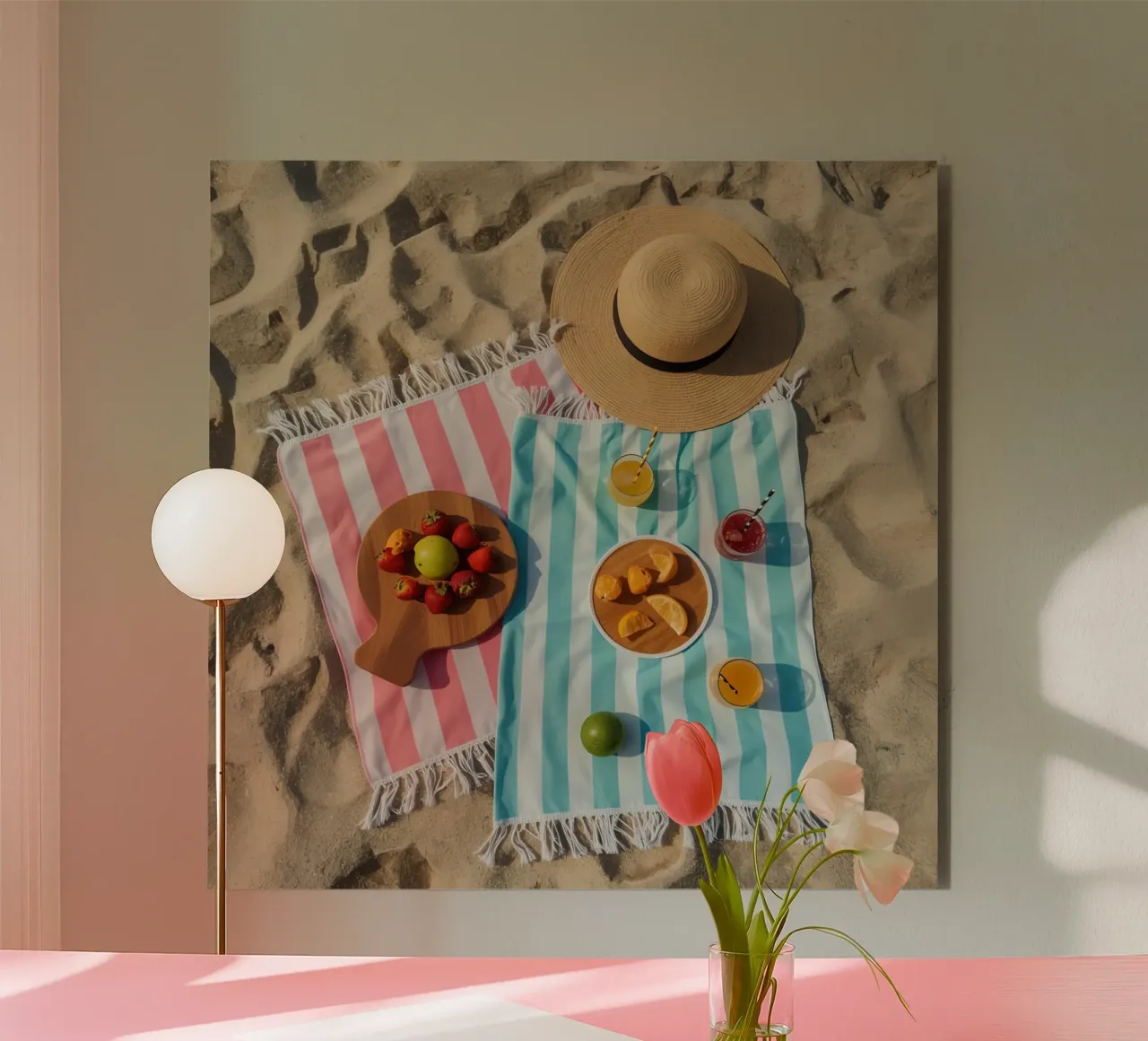 Scena di spiaggia con asciugamani, bevande alla frutta e cappello di paglia alluminio dibond da DesignDoodle