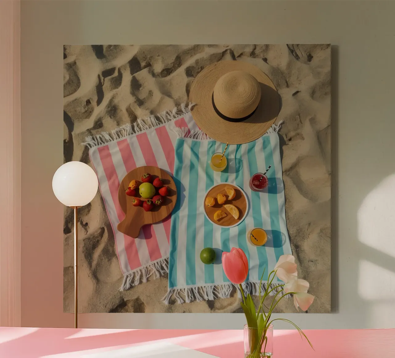 Scena di spiaggia con asciugamani, bevande alla frutta e cappello di paglia tela con Cornice a cassetta da DesignDoodle