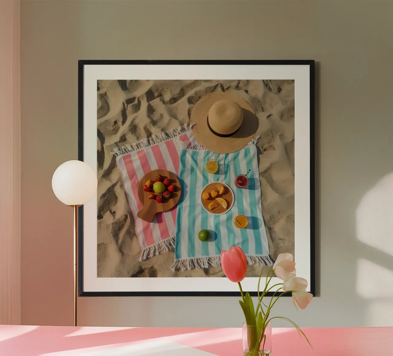 Scena di spiaggia con asciugamani, bevande alla frutta e cappello di paglia carta hahnemühle da DesignDoodle