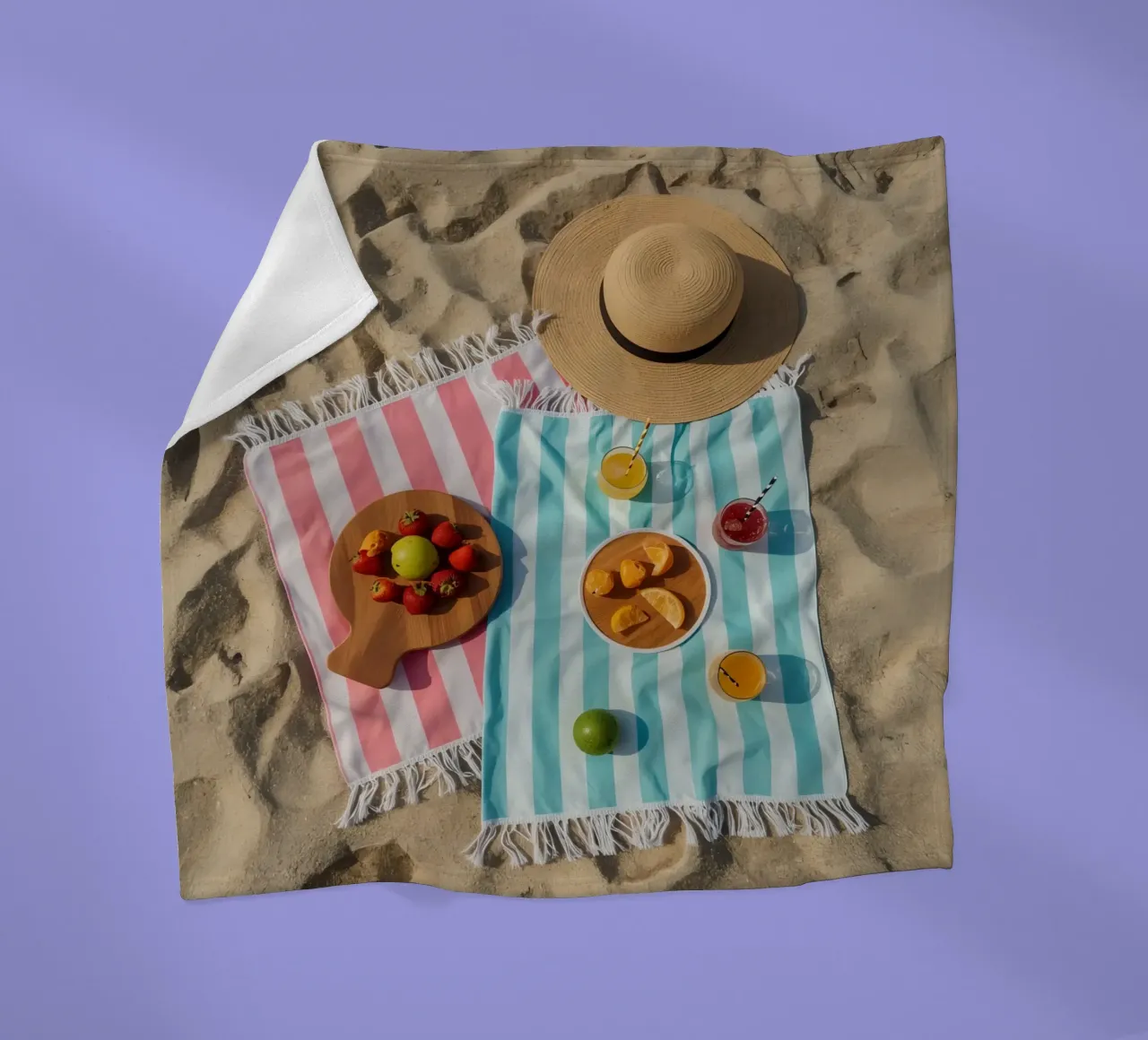 Scena di spiaggia con asciugamani, bevande alla frutta e cappello di paglia coperta in pile da DesignDoodle