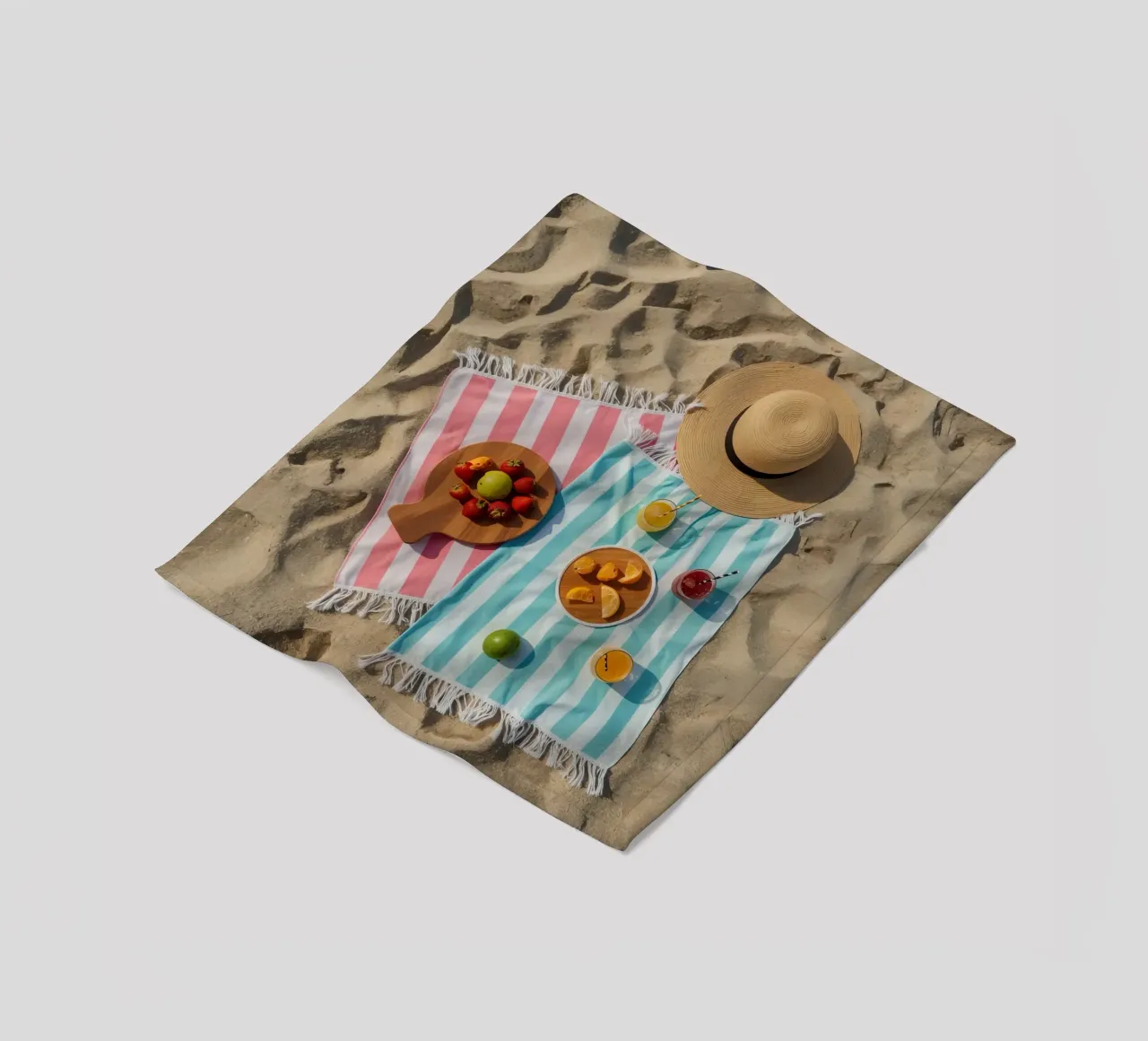 Scena di spiaggia con asciugamani, bevande alla frutta e cappello di paglia coperta in pile da DesignDoodle