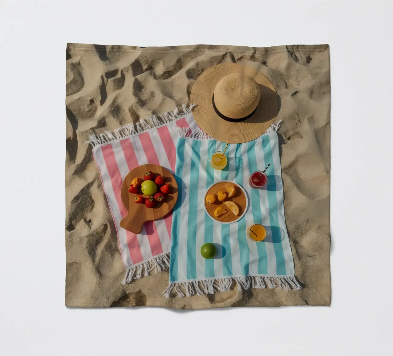 Scena di spiaggia con asciugamani, bevande alla frutta e cappello di paglia coperta in pile da DesignDoodle