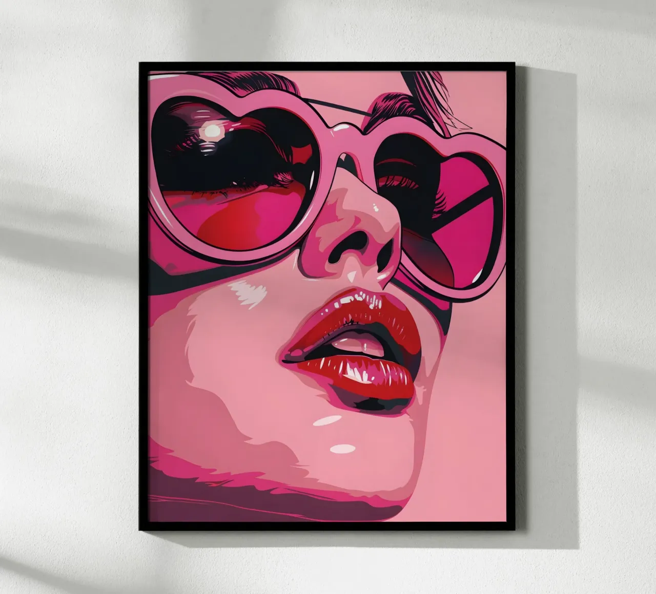Donna rosa con occhiali a cuore poster con telaio in plastica da Yaso Design & Art