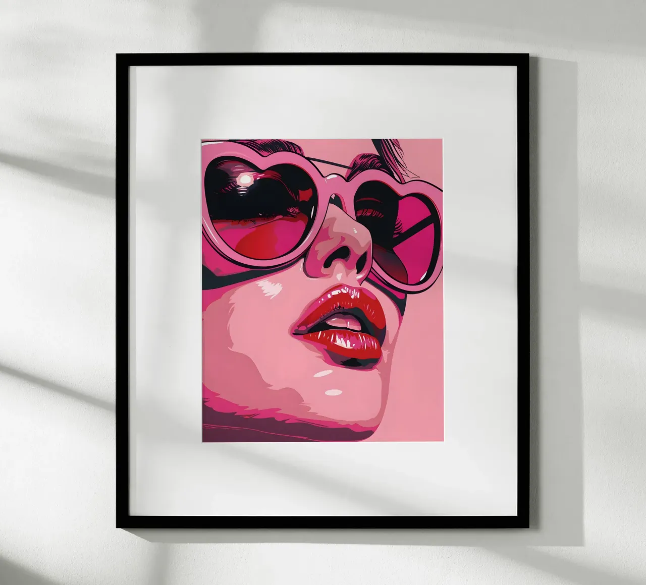 Donna rosa con occhiali a cuore poster con telaio in plastica da Yaso Design & Art