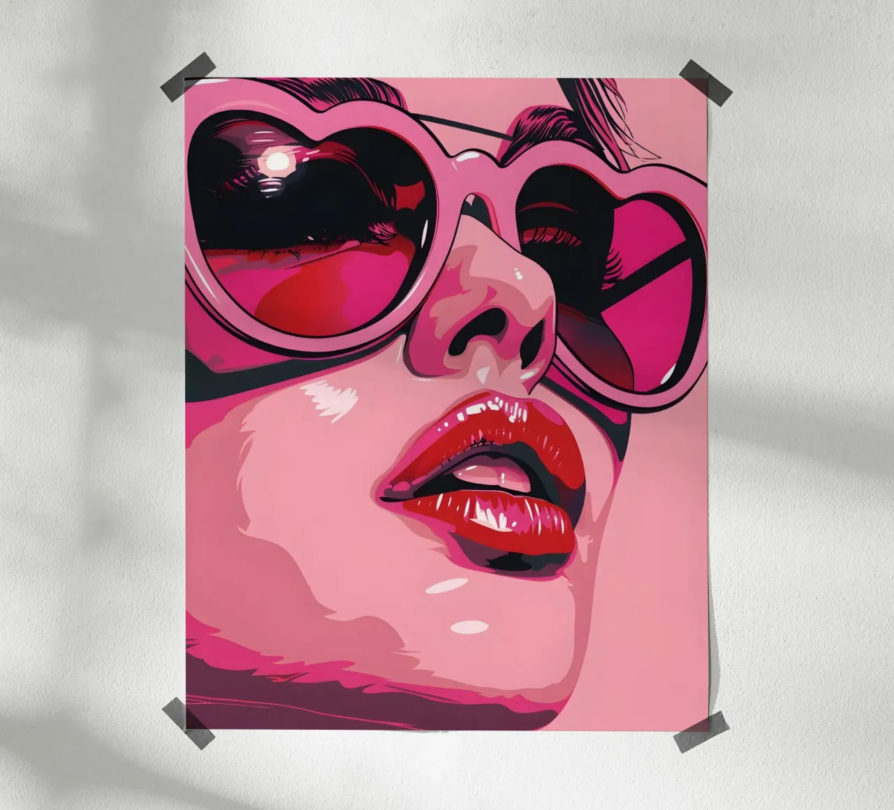 Donna rosa con occhiali a cuore poster con telaio in plastica da Yaso Design & Art