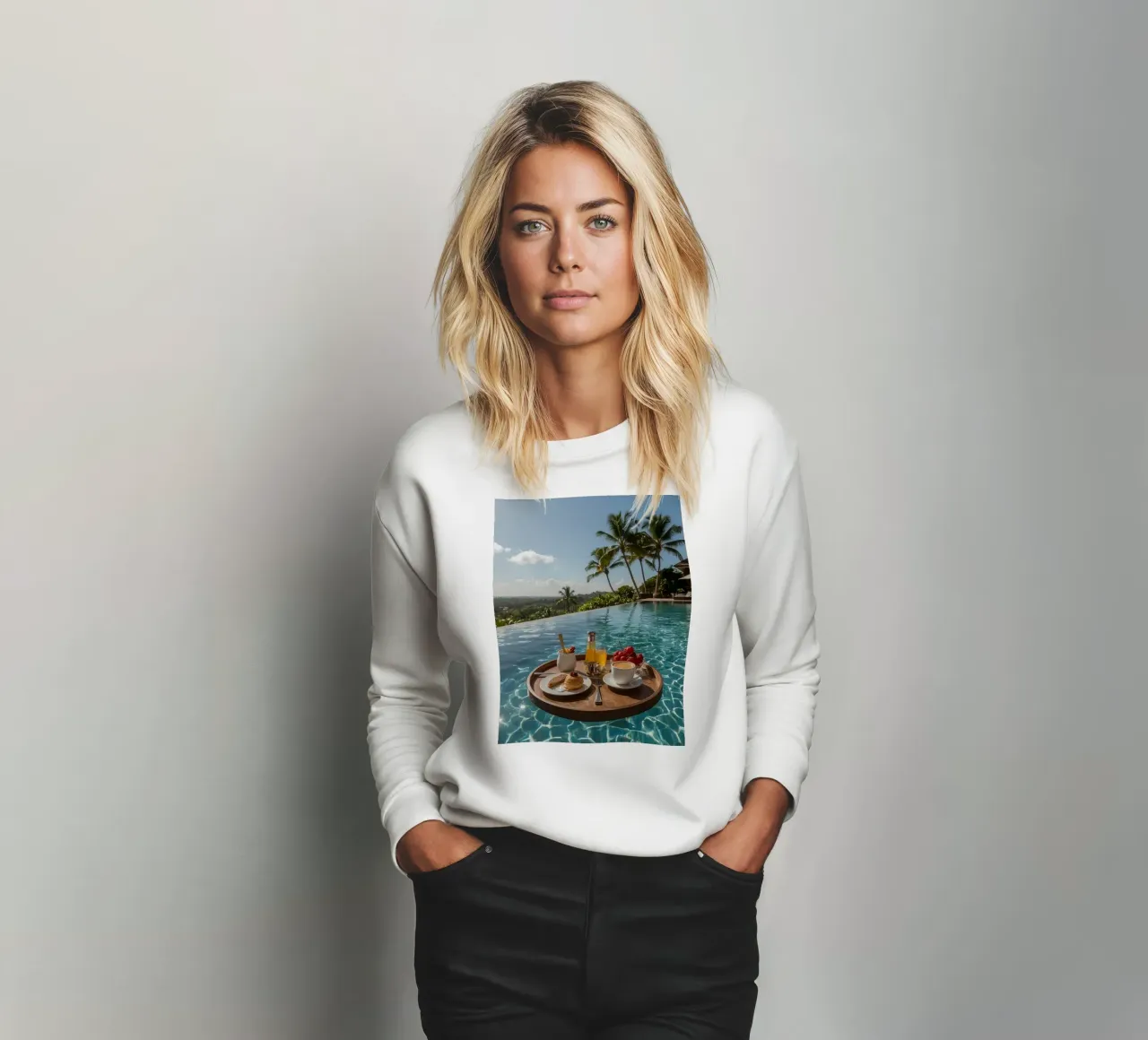 Breakfast Tray Floating in Infinity Pool with Palm Trees sweatshirt by DesignDoodle