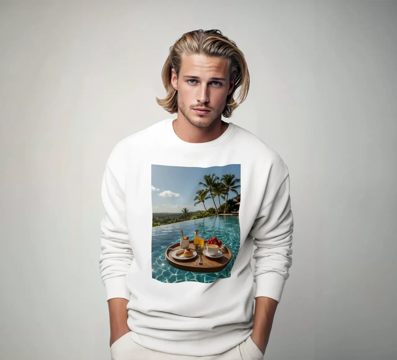 Breakfast Tray Floating in Infinity Pool with Palm Trees sweatshirt by DesignDoodle