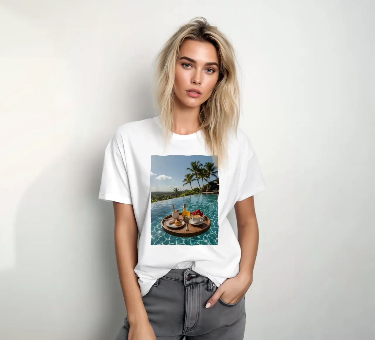 Breakfast Tray Floating in Infinity Pool with Palm Trees t-shirt by DesignDoodle