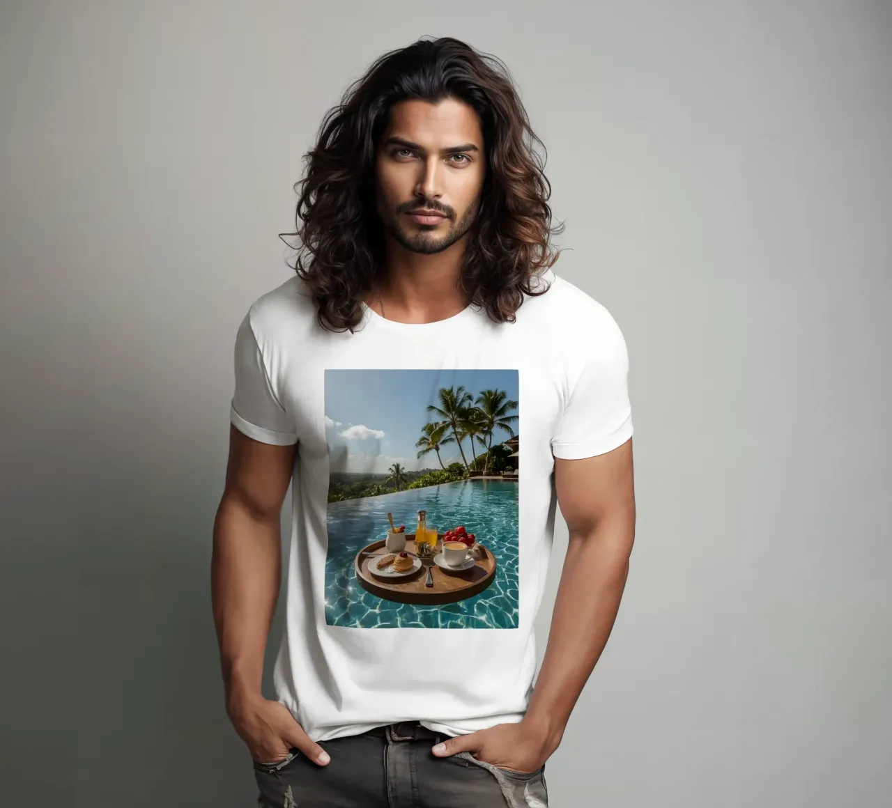 Breakfast Tray Floating in Infinity Pool with Palm Trees t-shirt by DesignDoodle