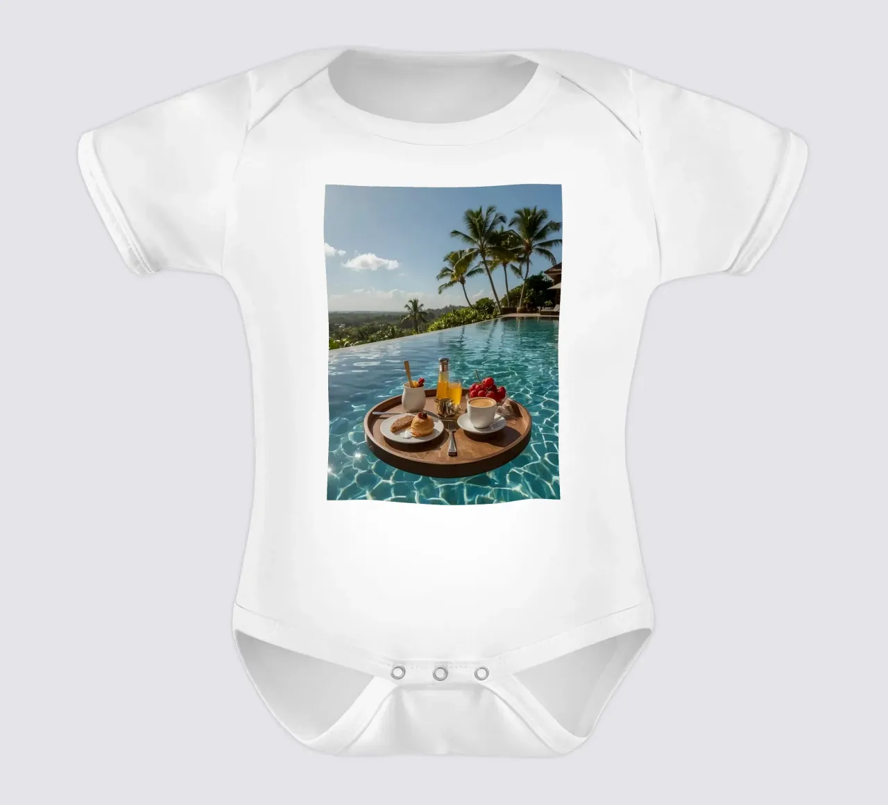 Breakfast Tray Floating in Infinity Pool with Palm Trees short-sleeve baby romper by DesignDoodle