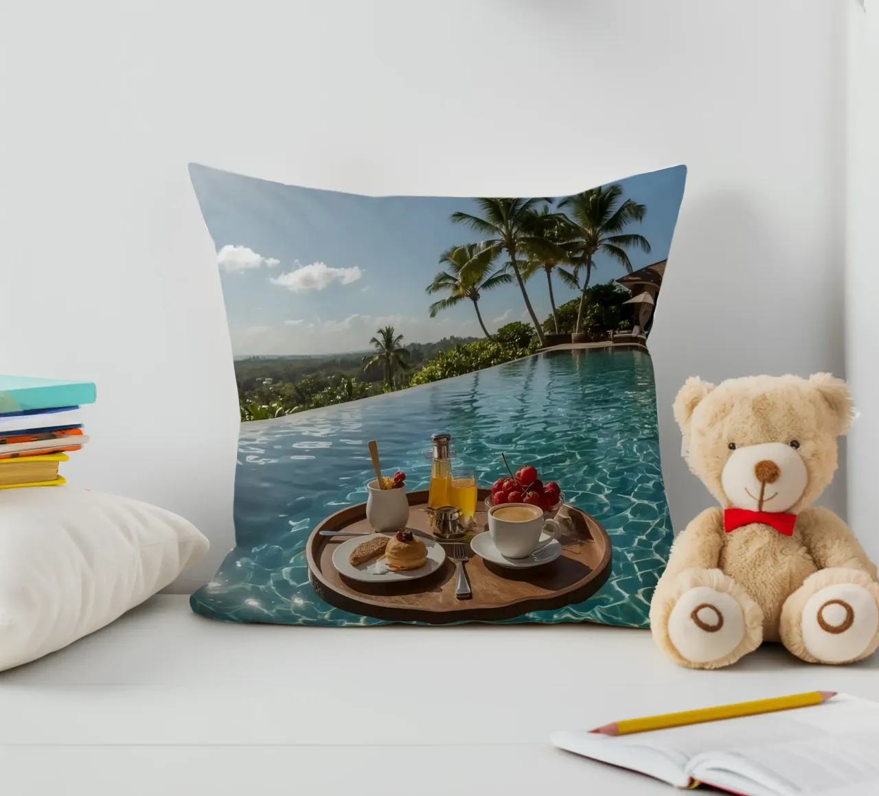 Breakfast Tray Floating in Infinity Pool with Palm Trees decorative cushion by DesignDoodle