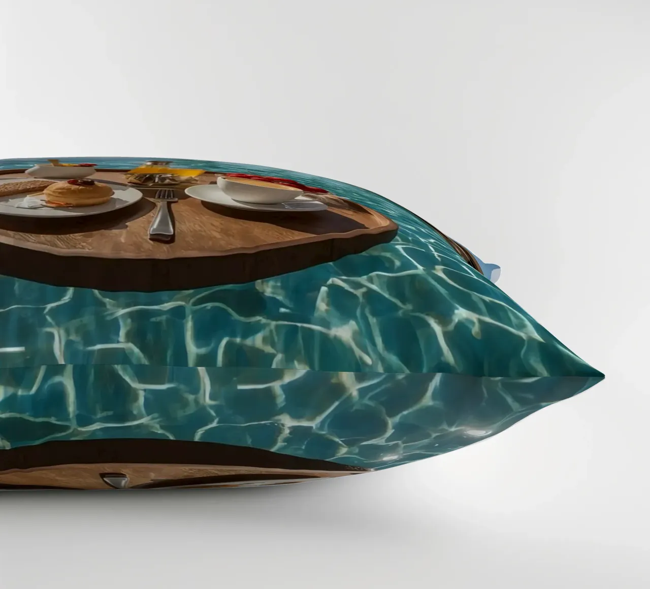 Breakfast Tray Floating in Infinity Pool with Palm Trees decorative cushion by DesignDoodle