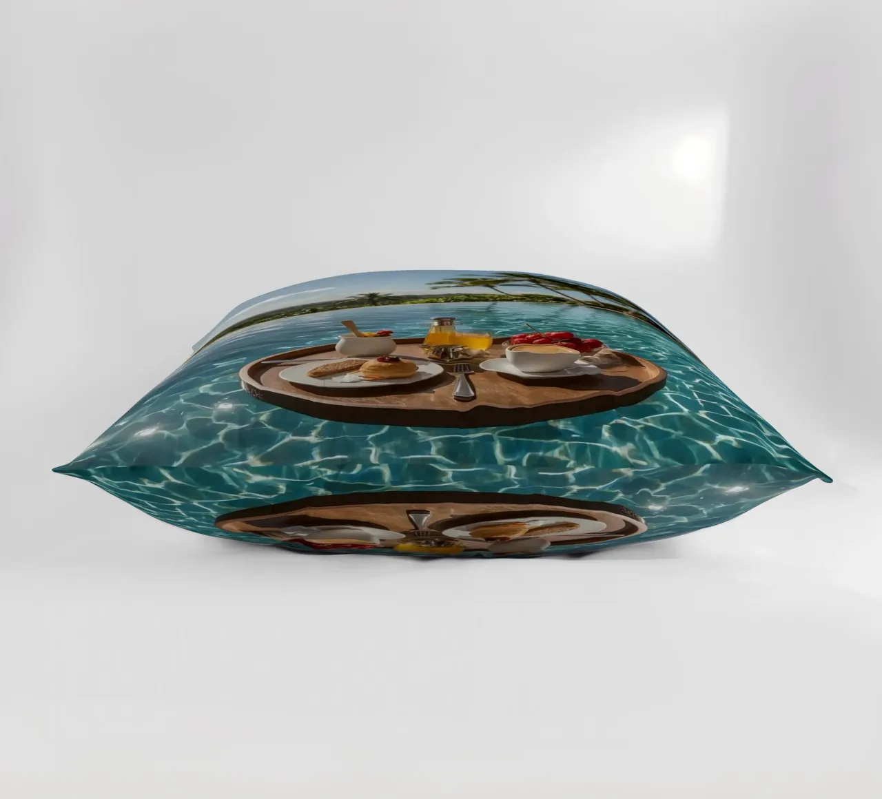 Breakfast Tray Floating in Infinity Pool with Palm Trees decorative cushion by DesignDoodle
