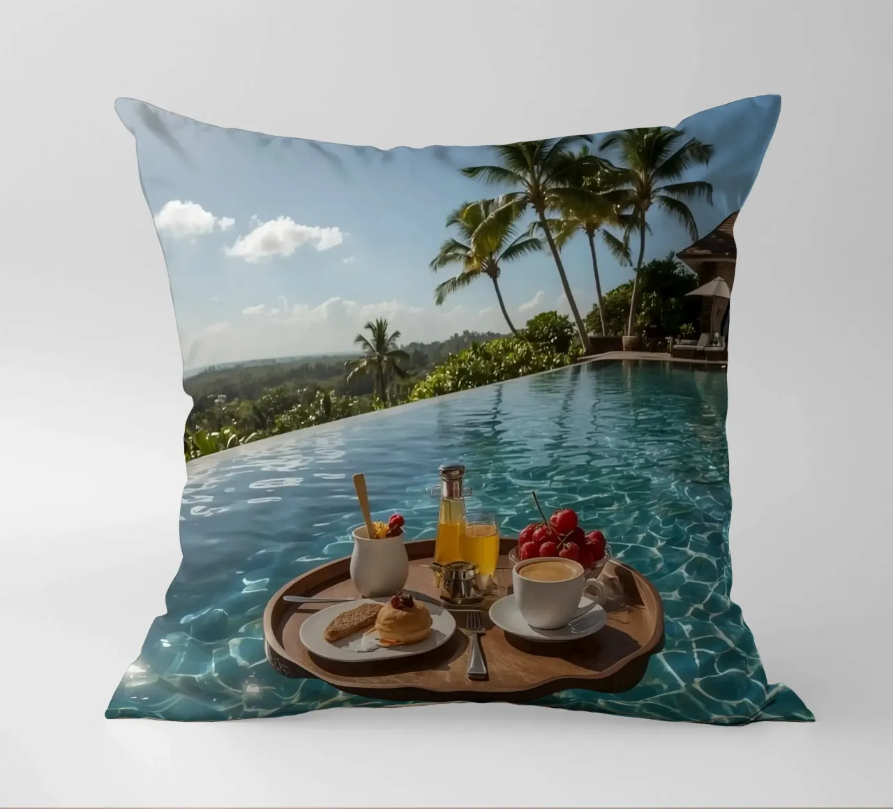 Breakfast Tray Floating in Infinity Pool with Palm Trees decorative cushion by DesignDoodle