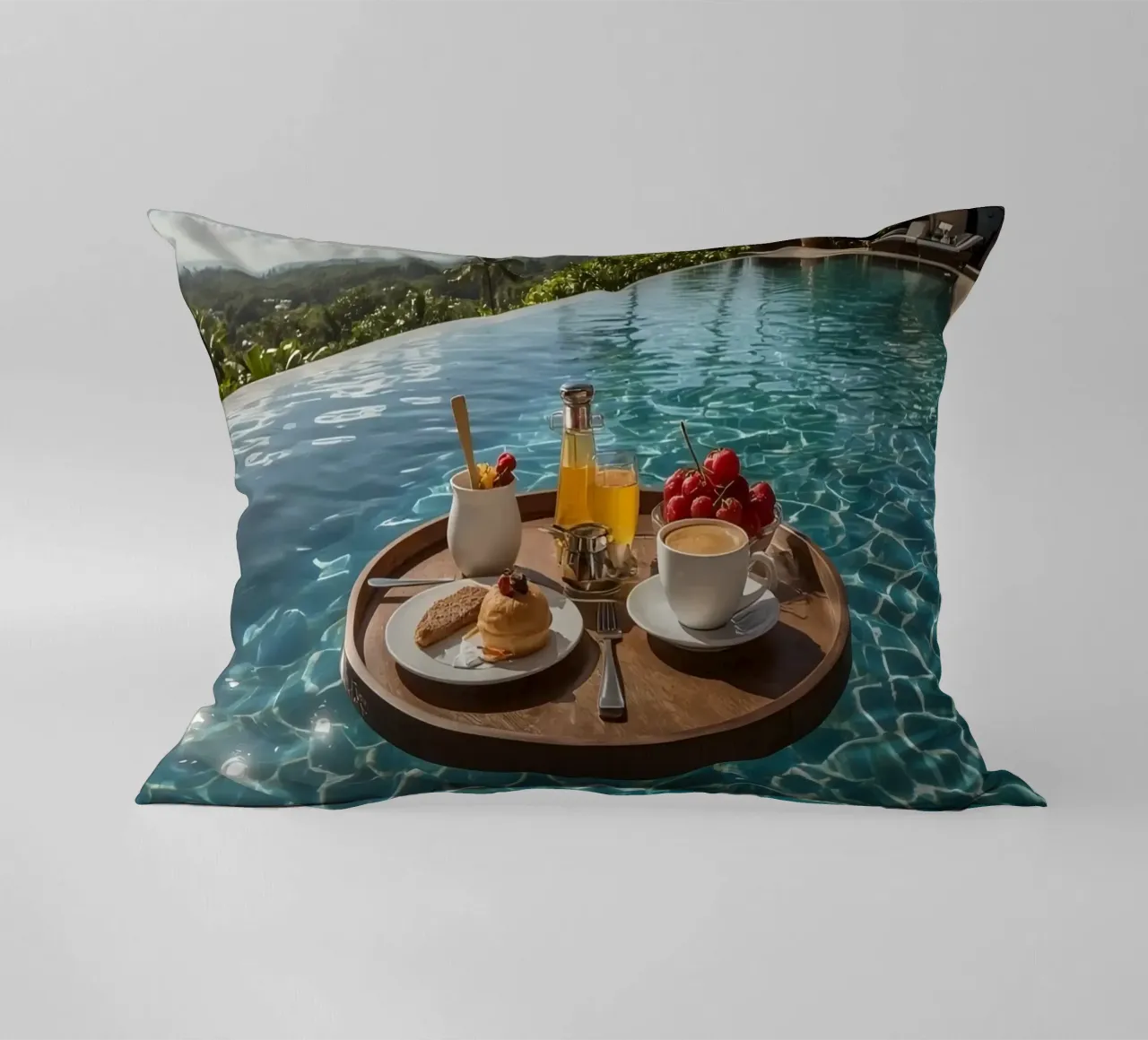 Breakfast Tray Floating in Infinity Pool with Palm Trees decorative cushion by DesignDoodle